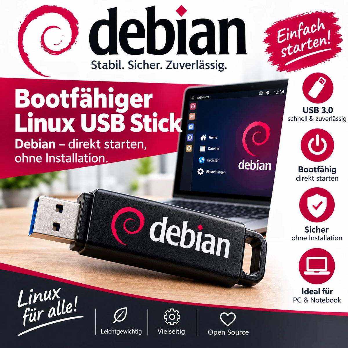 Bootfähiger USB 3.0-Stick mit Linux Debian 32GB